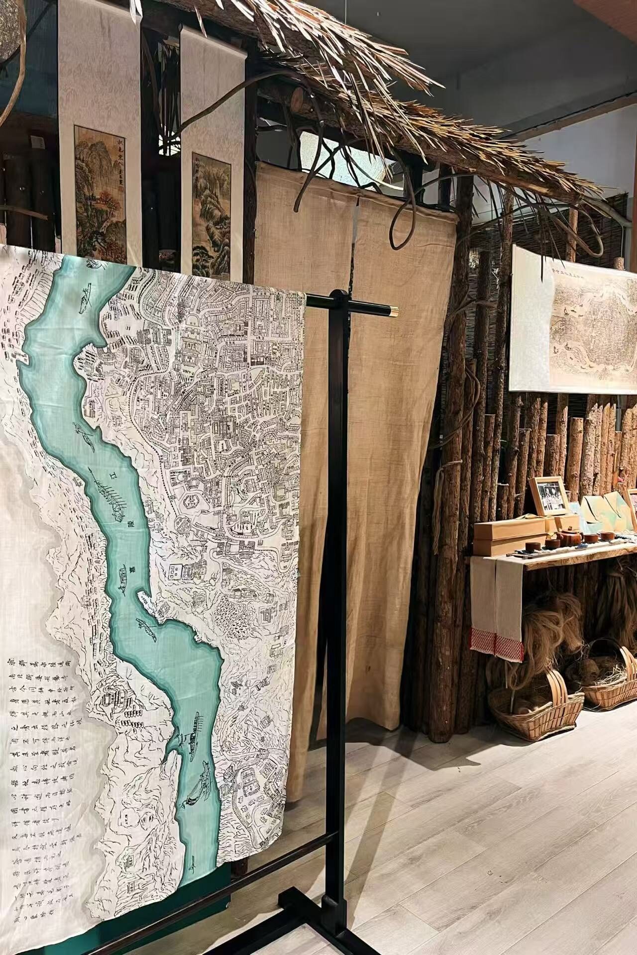 Hand-drawn cloth map on display
